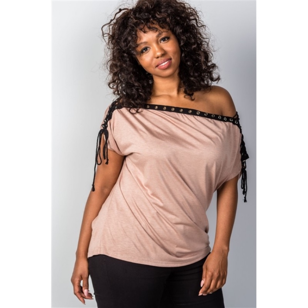 Lace-Up Neckline Top in Mocha (Plus)